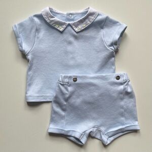 Jacadi Baby Boy Light Blue Shorts Set w/ “Petit Bonheur”Embroidered Collar - 12M